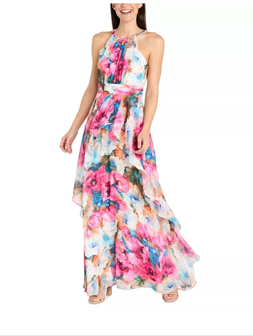 R&M Richards Floral Watercolor Maxi Dress Size 16 High Low Ruffle Formal Wedding